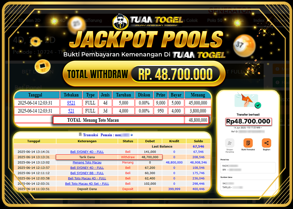 TUANTOGEL JACKPOT TOGEL TOTO MACAU Rp.48.700.000, - LUNAS